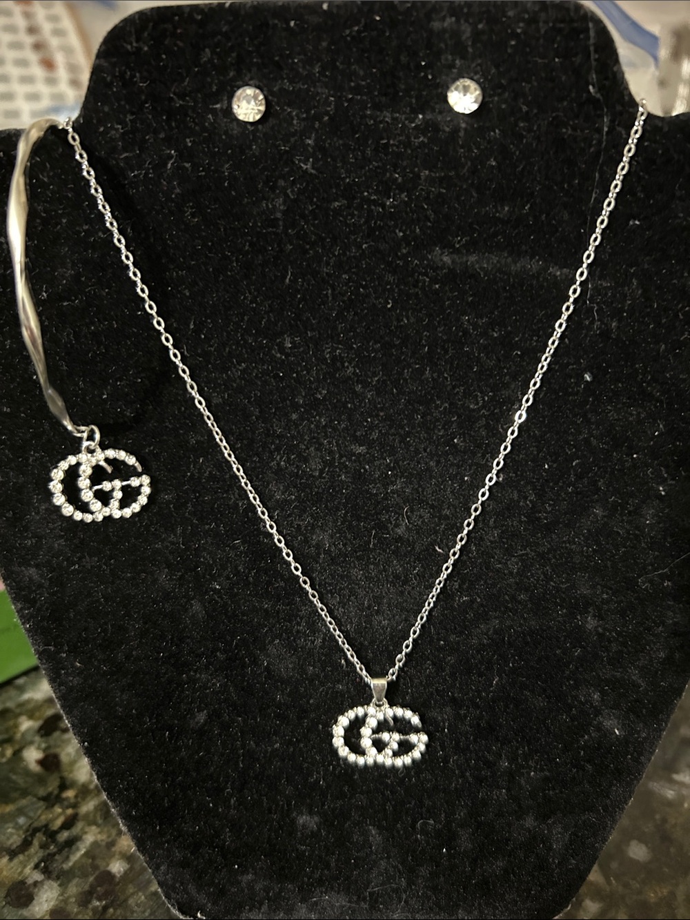 Silver Crystal Double-Circle Pendant Necklace with Matching Earrings